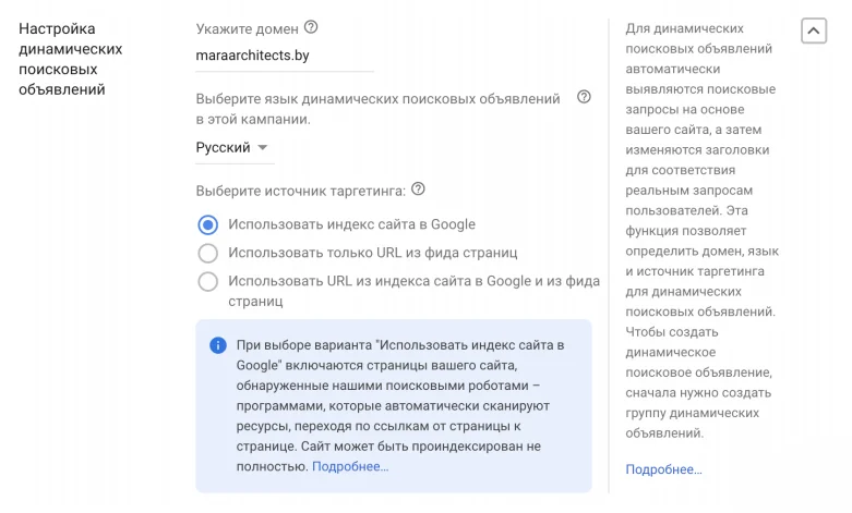 Настройки динамических поисковых объявлений с доменом сайта